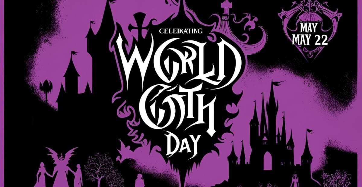 World Goth Day – May 22: Celebrating a Culture of Expression A dark, gothic-style illustration celebrating World Goth Day on May 22, featuring a purple and black haunted castle, bats, angels with wings, and ornate gothic elements.