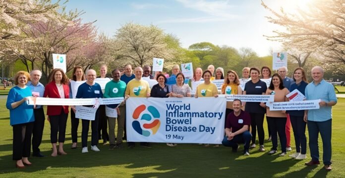 A diverse group of people gathered outdoors in a park with blossoming trees, holding a banner and signs promoting World Inflammatory Bowel Disease Day on 19 May.