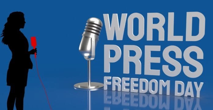 A silhouette of a woman holding a red microphone on the left, speaking into a large silver microphone icon. To the right, the text reads 