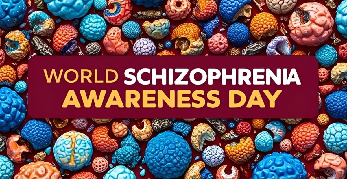 World Schizophrenia Awareness Day – Breaking Stigma, Building Colorful, abstract representations of brain-like structures in various shapes and sizes surrounding the text, celebrating World Schizophrenia Awareness Day.