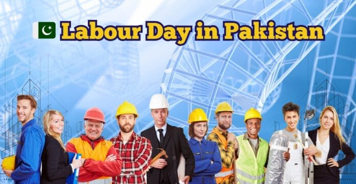 A diverse group of workers in different uniforms standing together in front of a digital-themed blue background with the text 