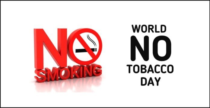 3D red “No Smoking” symbol with a crossed-out cigarette next to bold text reading “World No Tobacco Day.”