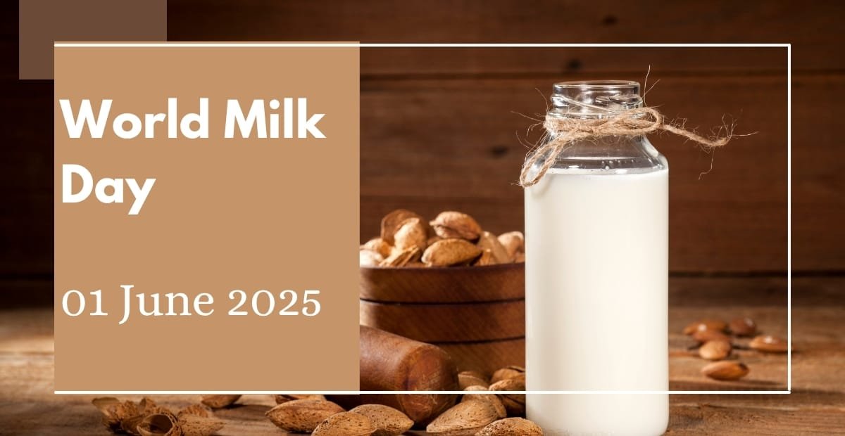 World Milk Day: Celebrating Nutrition, Sustainability A glass of fresh milk on a table beside cheese, yogurt, and butter, with a happy dairy farmer and grazing cows in the background.