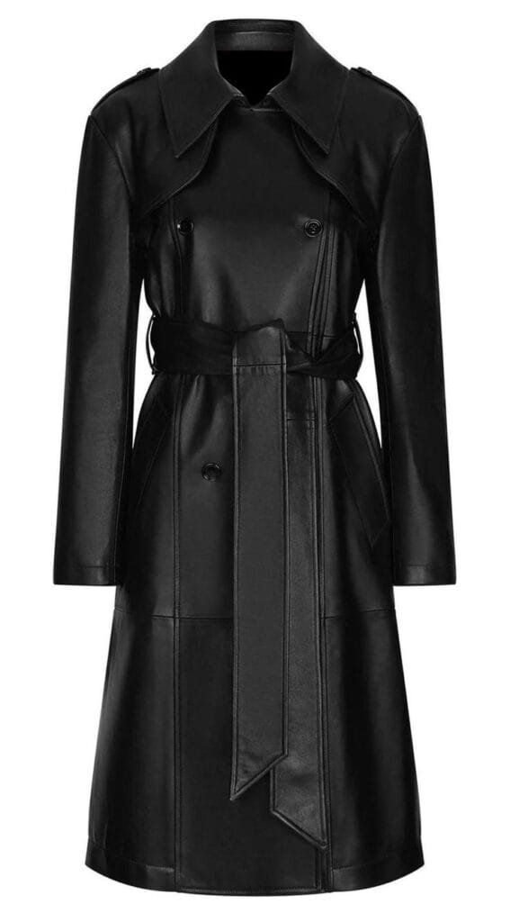 Black leather trench coat with a classic double-breasted design, wide lapels, shoulder epaulets, and a waist belt.

