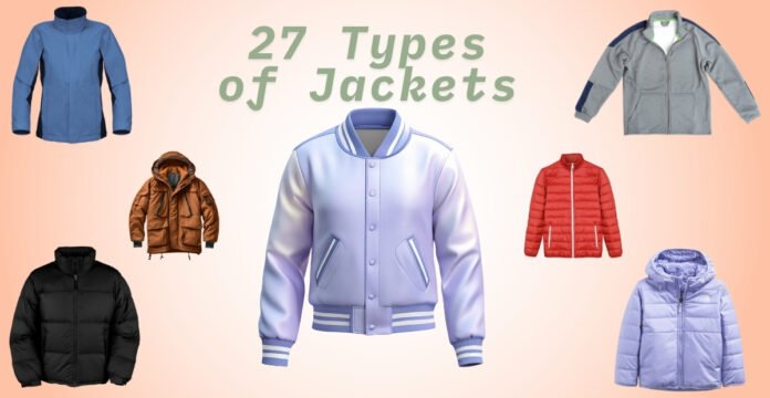A collage of diverse winter jackets, including styles such as puffer jackets, bomber jackets, rain jackets, hooded jackets, and more, displayed around a central light blue varsity jacket with the text 