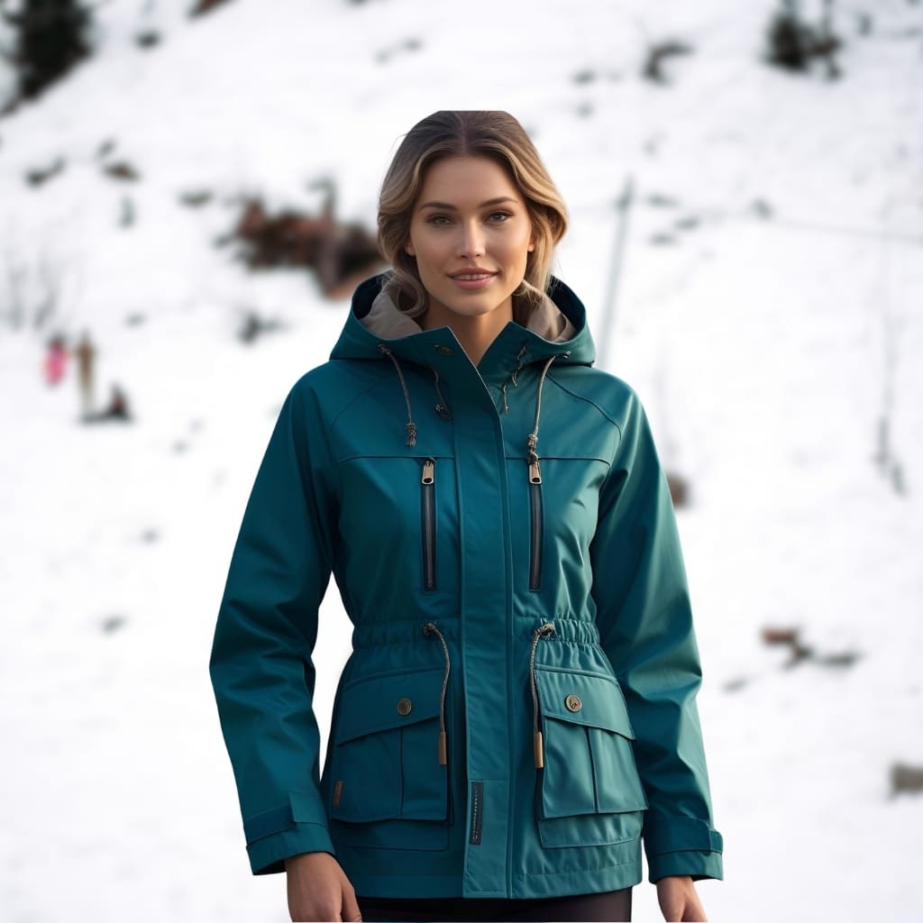 A young woman standing outdoors in a snowy landscape, wearing a teal waterproof jacket with a hood.


