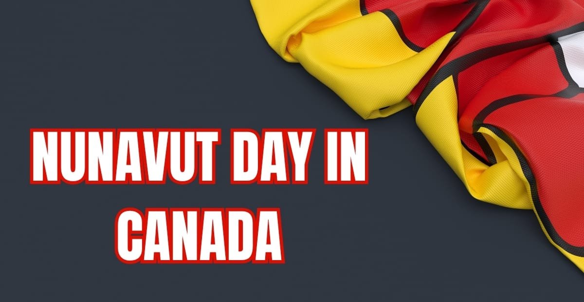 A partially folded Canadian flag with bold white text outlined in red that reads "NUNAVUT DAY IN CANADA," set against a dark background.