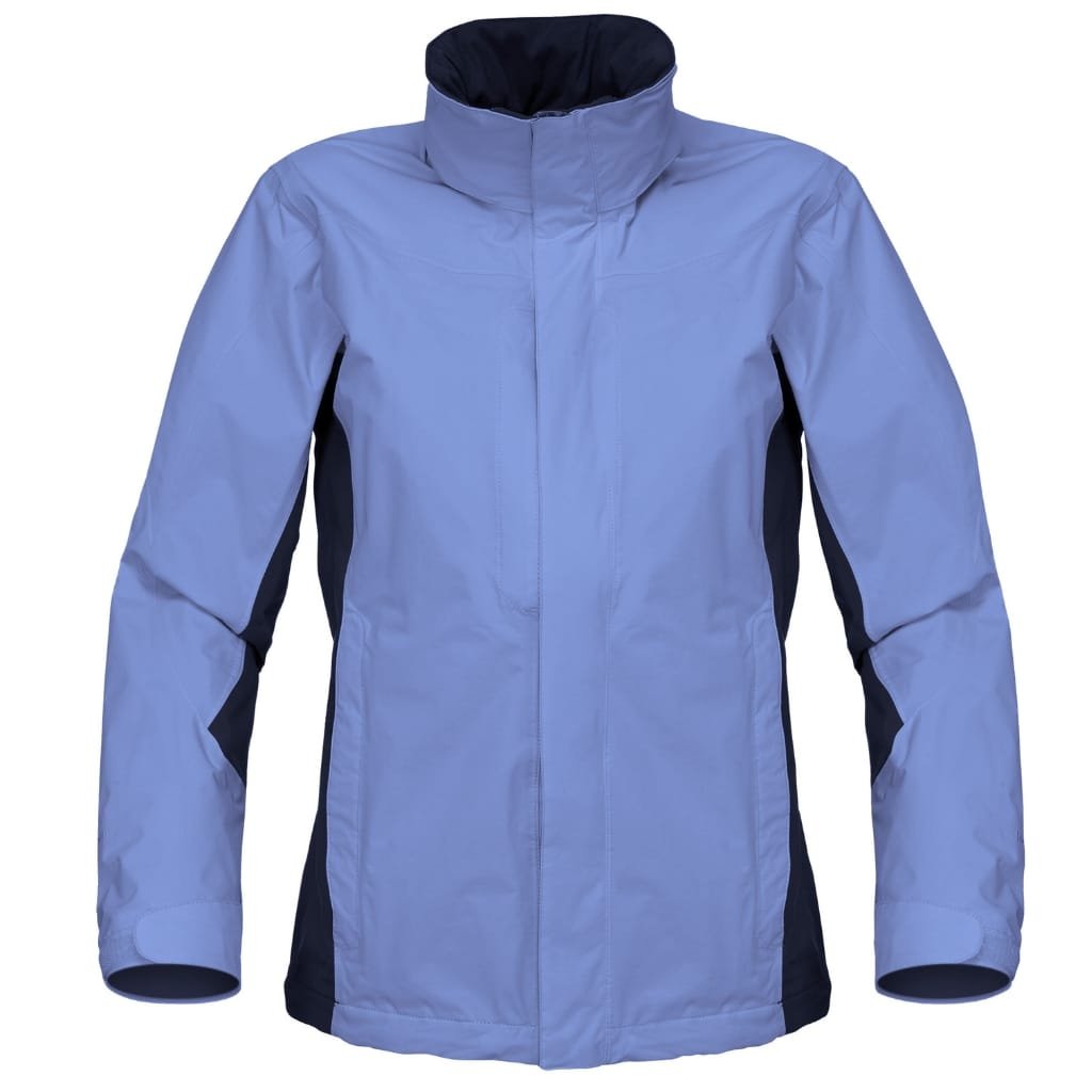 A men's light blue windbreaker jacket with black side panels, featuring a high collar, full front zipper, and adjustable cuffs, designed for versatile wear.

