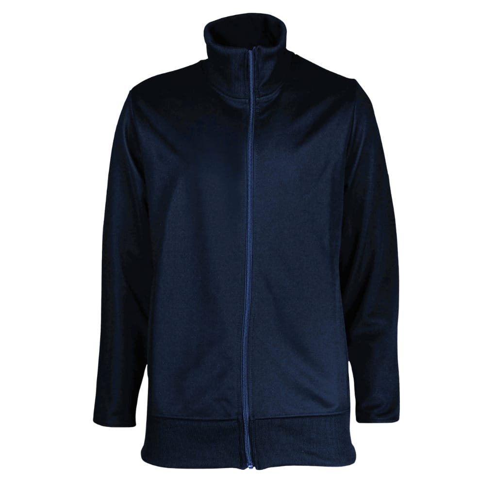 A navy blue softshell jacket with a full front zipper, standing upright against a plain white background.

