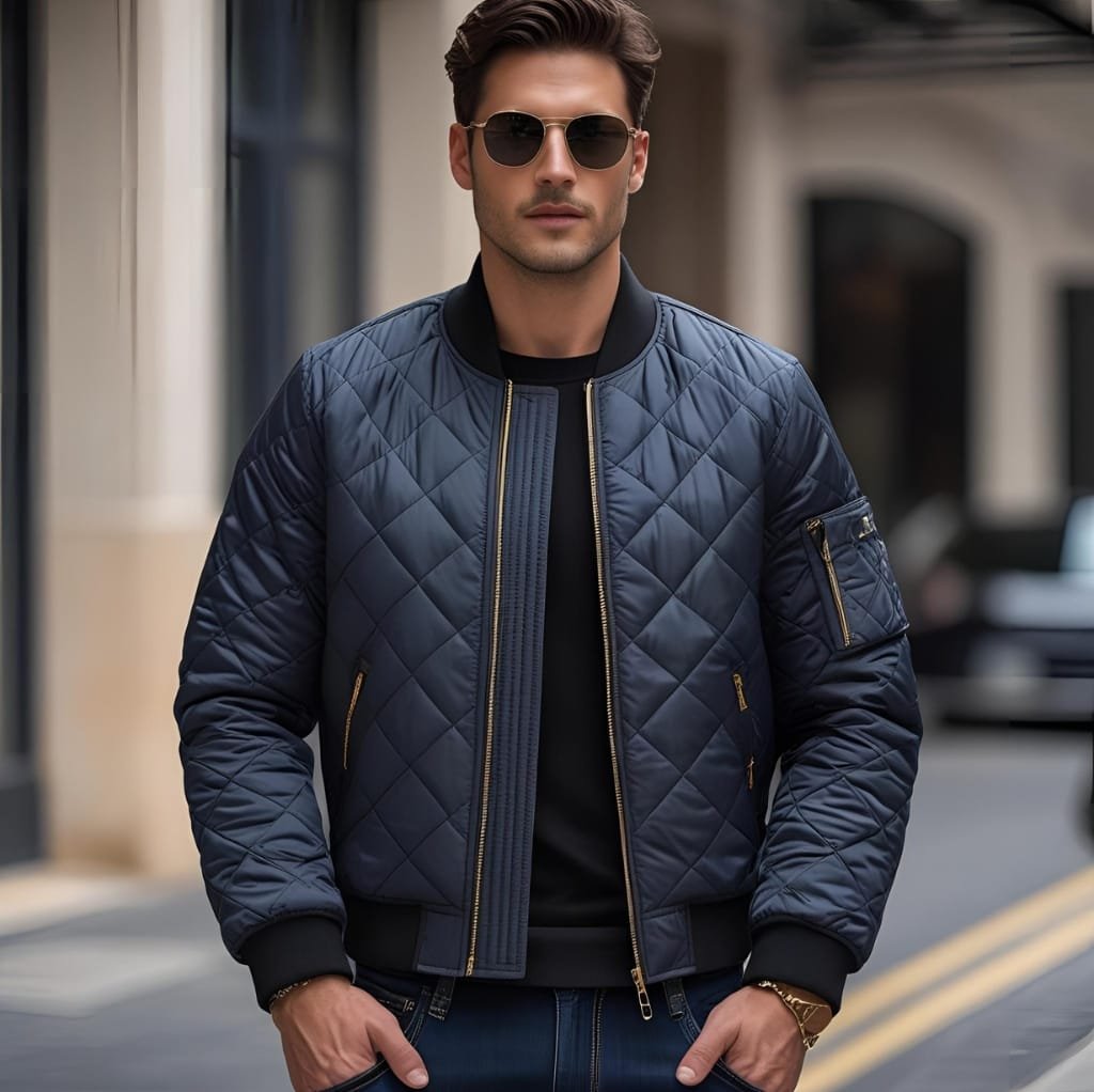 A man wearing a navy quilted bomber jacket with gold zipper details and black cuffs, standing on a city street with buildings and cars in the background. He's wearing sunglasses and has a confident expression.