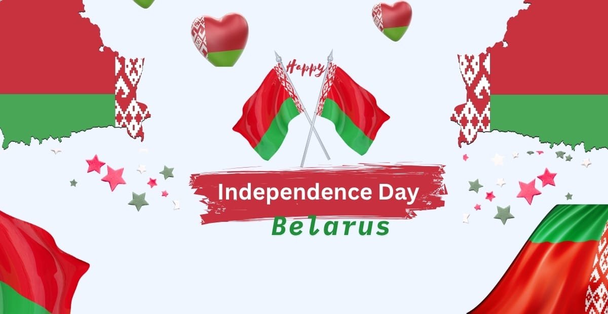 A festive celebration graphic featuring Belarus flags, hearts, and decorative elements with the message "Happy Independence Day Belarus" on July 3rd.