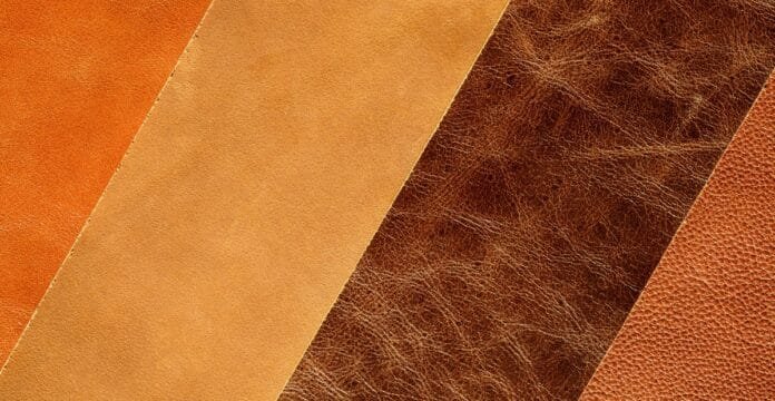Close-up image showcasing various types of leather in diagonal strips, highlighting their textures and colors.