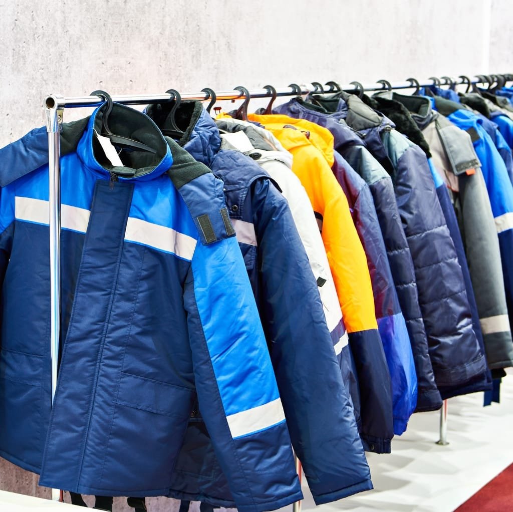 A row of colorful, insulated work jackets hanging on a metal clothing rack, showcasing various styles and colors including blue, orange, gray, and navy.