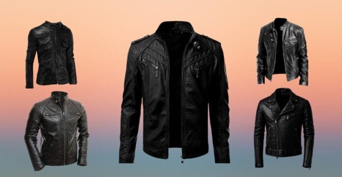 A collection of five black leather men's jackets displayed against a soft gradient background.