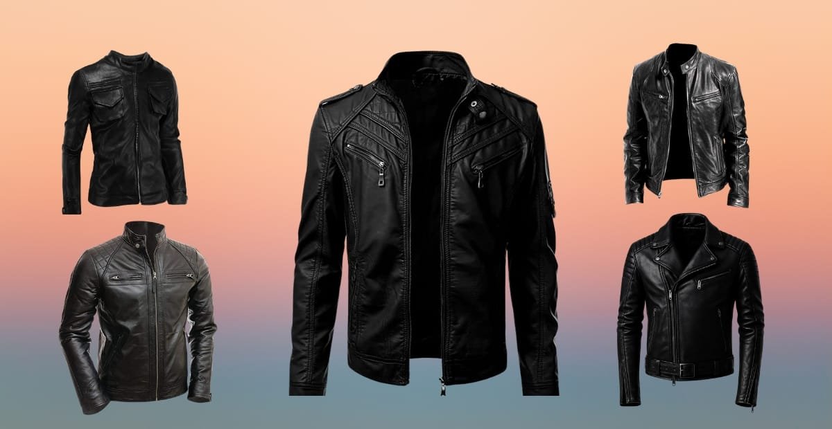 How to Wear a Black Leather Men’s Jacket with Confidence A collection of five black leather men's jackets displayed against a soft gradient background.