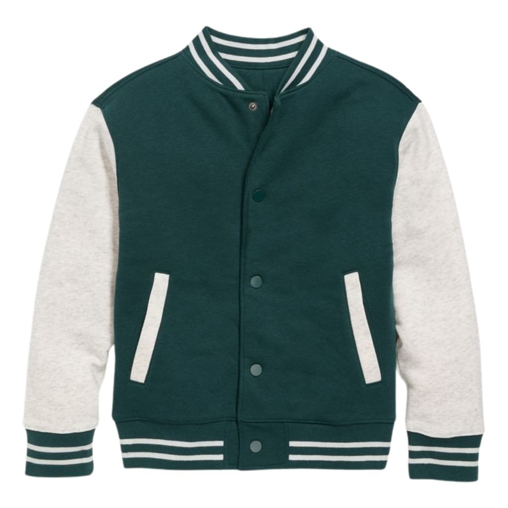 What Is a Leather Jacket? A Timeless Icon of Style and Attitude 29 A varsity-style bomber jacket with a dark green body, white sleeves, and striped ribbed cuffs, collar, and waistband. It features snap buttons down the front and two side pockets with white trim.