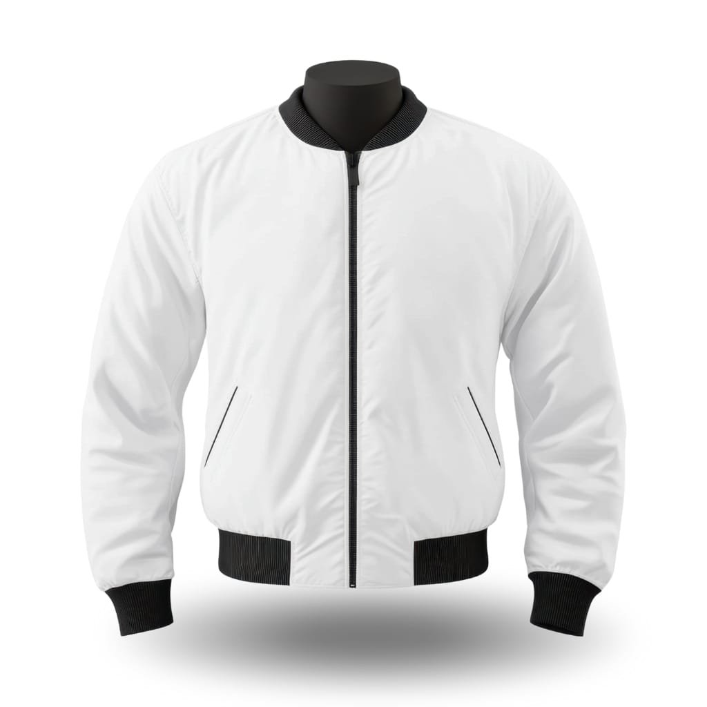 A white bomber jacket with black ribbed collar, cuffs, and waistband, featuring a front zipper and two side pockets.

