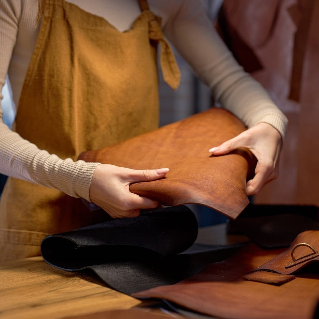 Hands holding a piece of brown goat leather in a workshop, with various leather pieces on a wooden table.