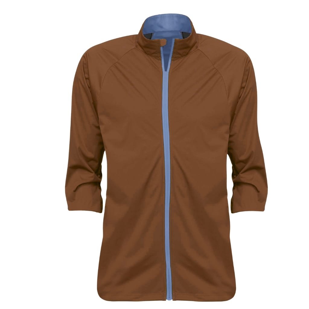 Men’s brown softshell jacket with a blue zipper and collar lining, featuring a high collar and 3/4 length sleeves.

