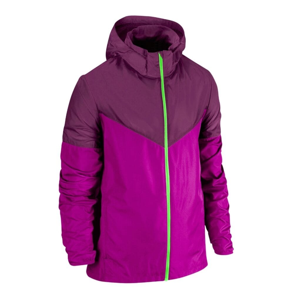 A women's windbreaker jacket featuring bright, vibrant colors including shades of purple, pink, and a neon green zipper, with a hood and long sleeves.