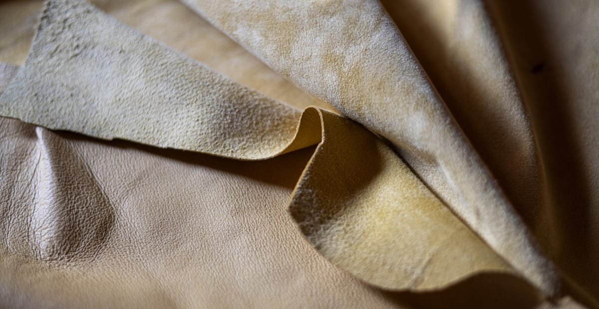 Close-up image of smooth, textured buffalo leather with a subtle shine and natural variations in color and surface pattern