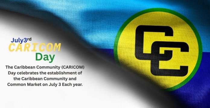 A celebration poster for Caribbean Community (CARICOM) Day, featuring the CARICOM flag with the organization's logo and colorful text highlighting the date, July 3rd.