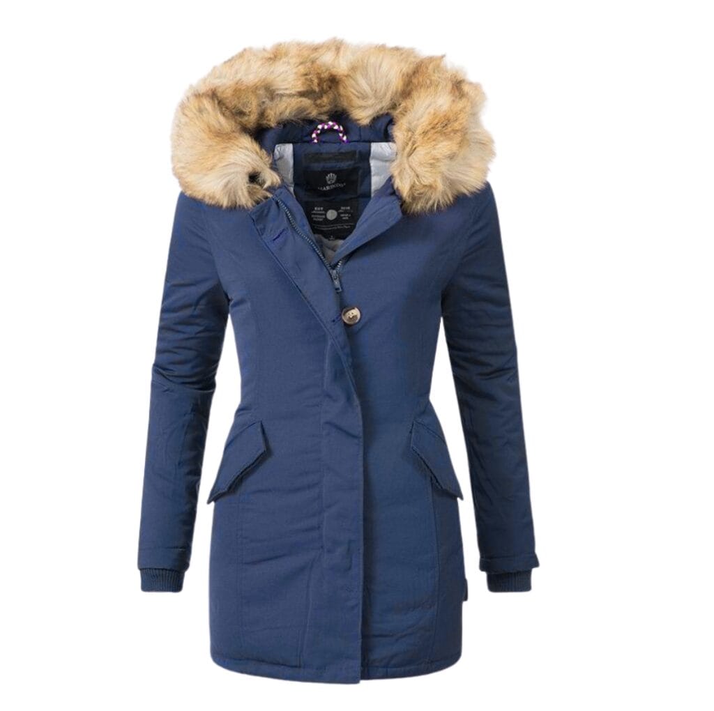 A stylish navy blue calf-length winter coat with a faux fur-lined hood, featuring a front zipper and button closure, two flap pockets, and ribbed cuffs.