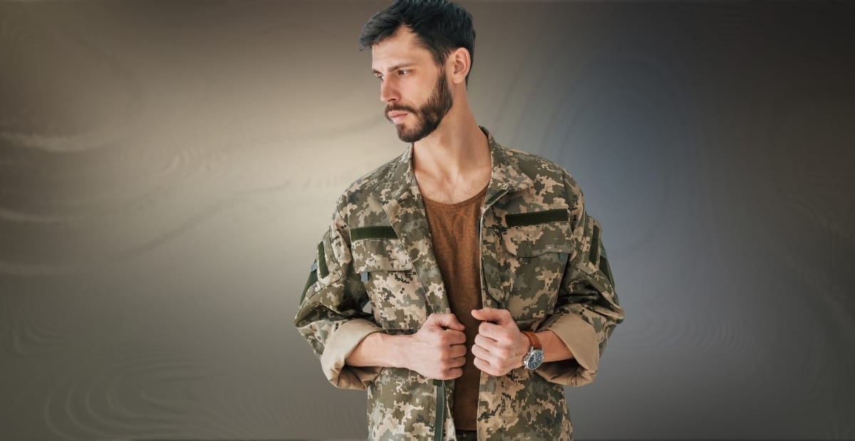 How Camouflage Bomber Jackets Add Edge to Casual Looks Man wearing a camouflage bomber jacket, standing against a neutral background.