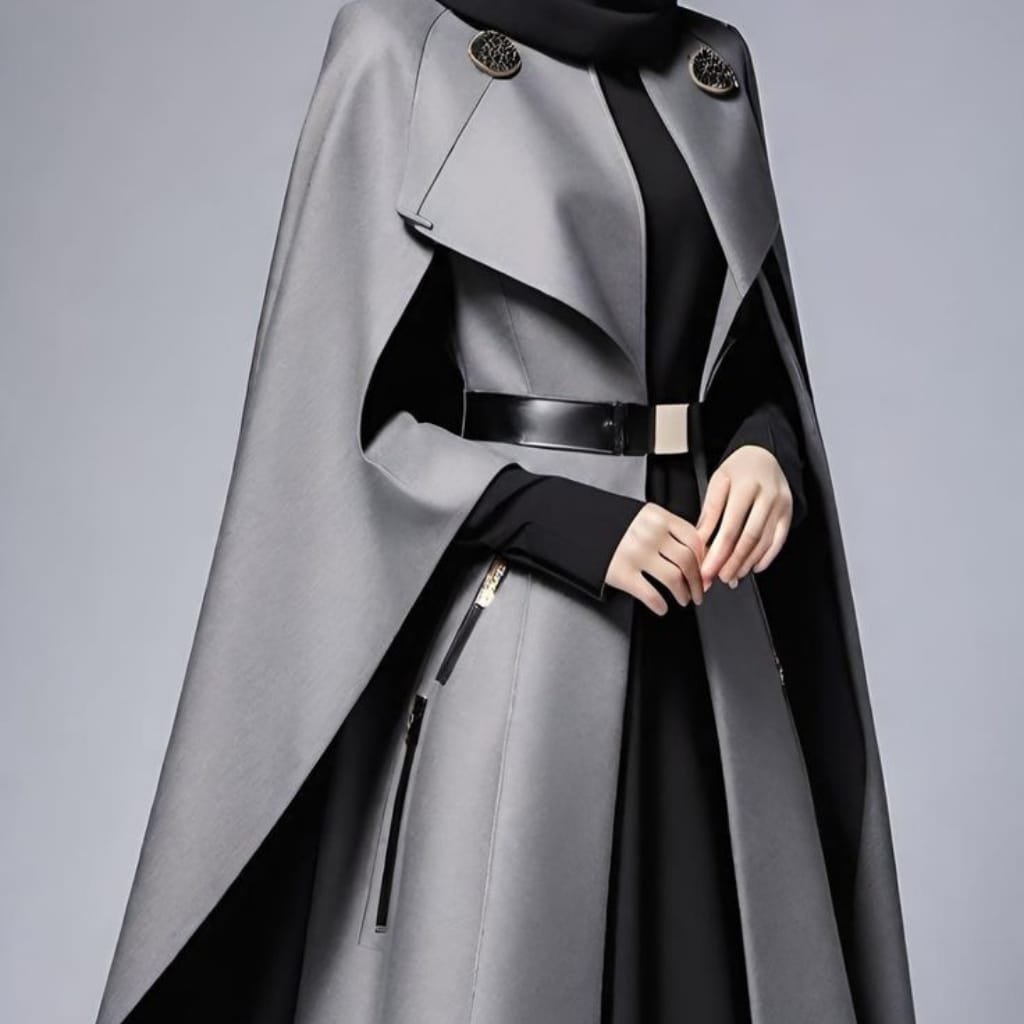 A close-up of a stylish woman wearing a sophisticated, black and gray cape coat with metallic accents and zipper details, set against a plain gray background.