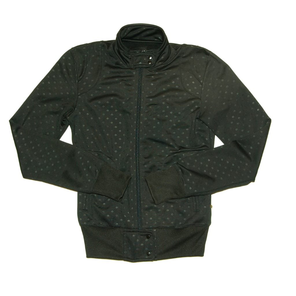 A black car jacket with subtle dot patterns, laid flat on a white background.

