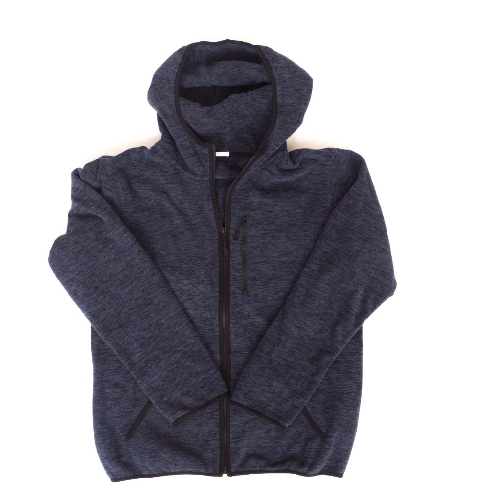 A gray zip-up hoodie with a hood, laid flat against a white background.

