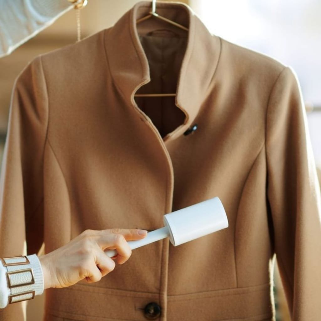 A person using a lint roller on a camel-colored wool coat hanging on a hanger, close-up shot emphasizing the grooming process.