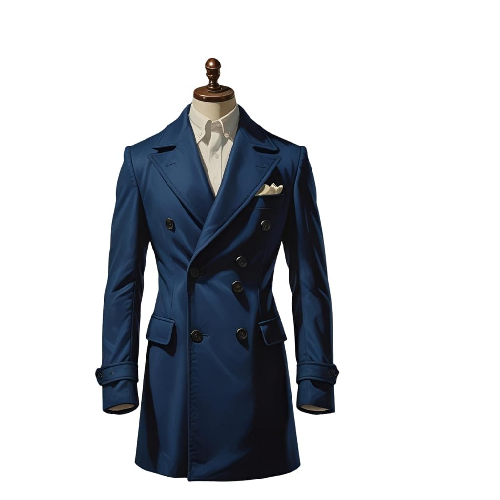 A stylish navy Chesterfield coat displayed on a mannequin, featuring a double-breasted design and classic details.

