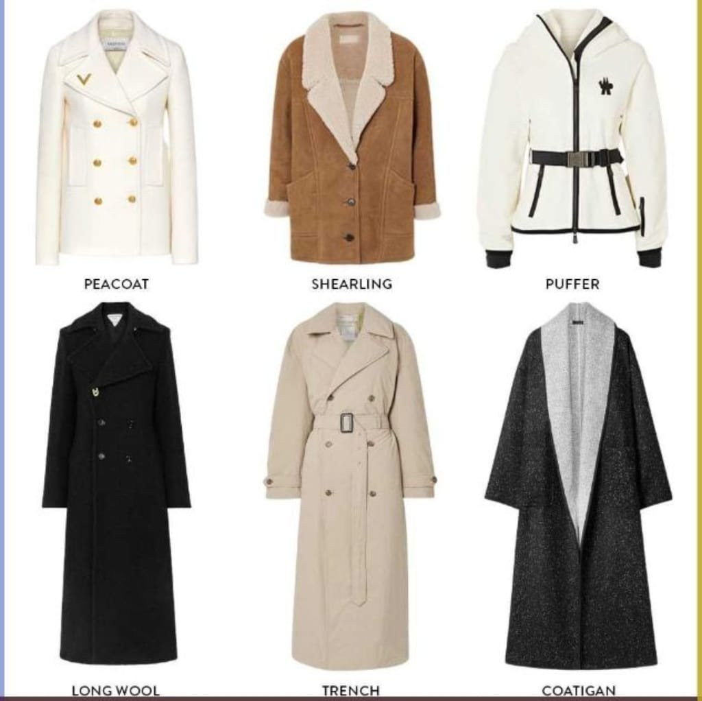 A collection of six stylish winter coats suitable for a professional city setting. From left to right, the top row features a white double-breasted coat with gold buttons, a brown shearling-lined coat, and a white hooded coat with black accents. The bottom row includes a black long wool coat, a beige trench coat, and a black coat with a textured, glittery appearance.