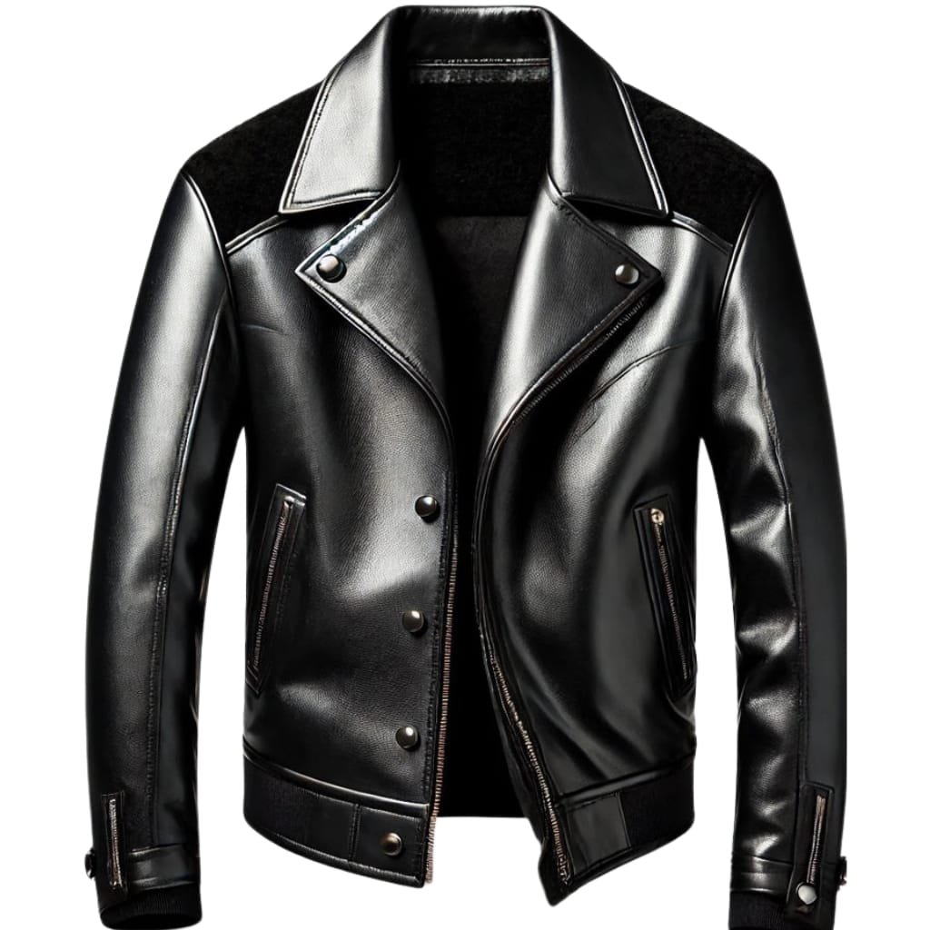 What Is a Leather Jacket? A Timeless Icon of Style and Attitude 39 A black leather motorcycle jacket with silver zippers and snap buttons, featuring shoulder epaulets, a wide collar, and multiple zippered pockets.