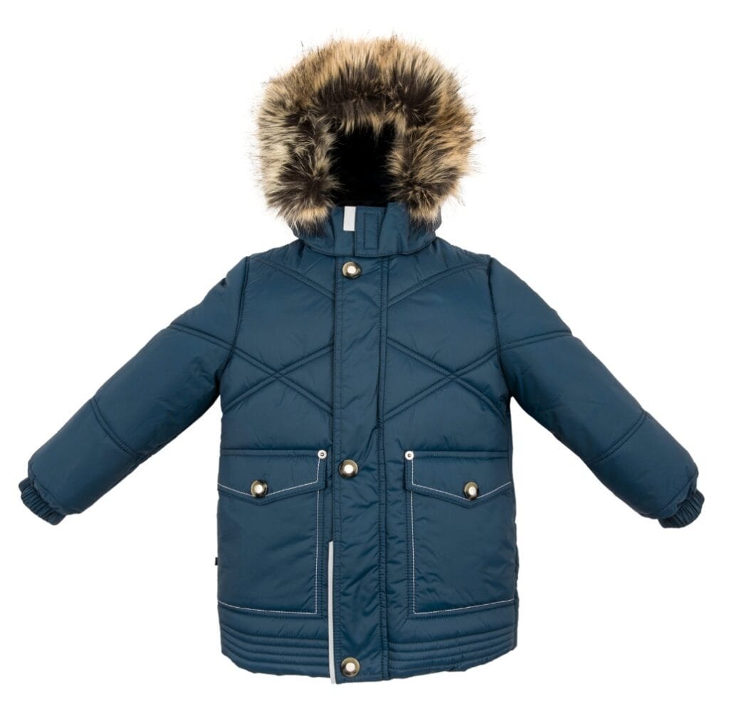 Blue contemporary winter parka jacket with a fur-lined hood, multiple pockets, and quilted design.