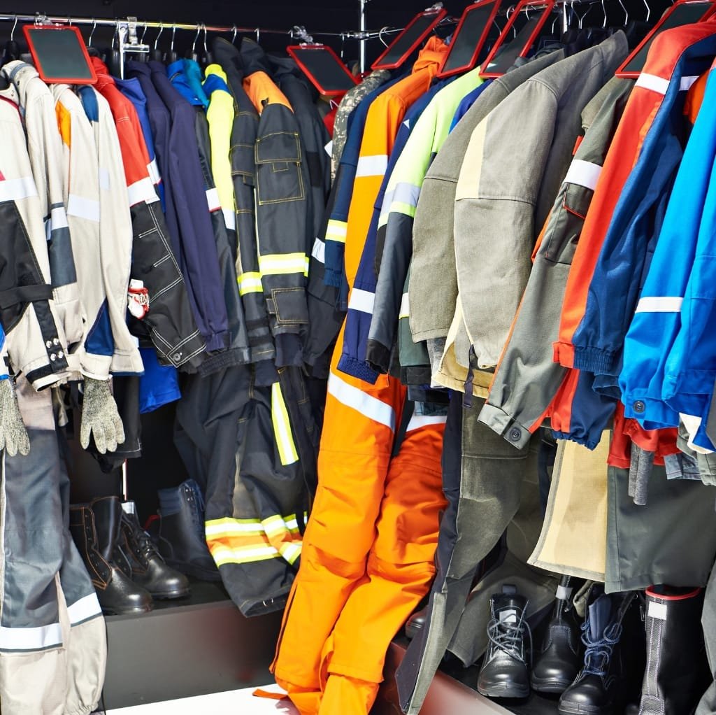 A display of various work jackets hanging on a rack, including high-visibility and durable cotton jackets suitable for long shifts.