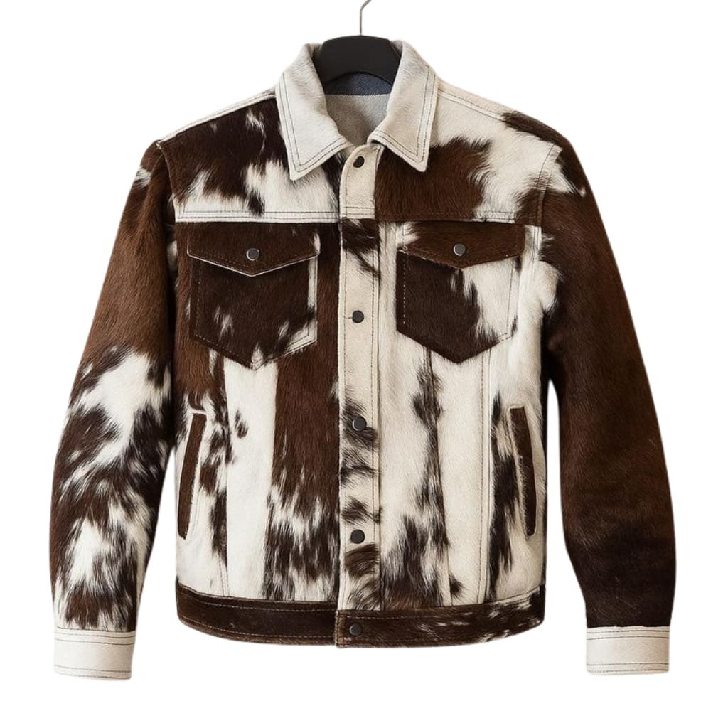 What Is a Leather Jacket? A Timeless Icon of Style and Attitude 23 A stylish cowhide jacket featuring a mix of white, brown, and black patches, designed with buttoned front pockets and a collared neckline.
