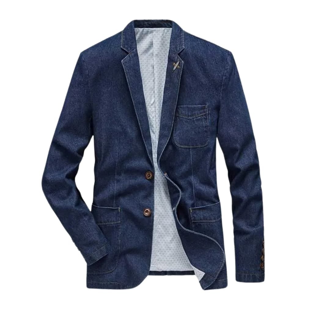 A stylish dark blue denim blazer with a single lapel, button closure, and a chest pocket, displayed on a plain white background.