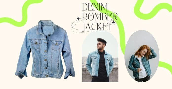 A light blue denim bomber jacket displayed on the left side, with two models wearing similar denim jackets in the center and right side of the image, set against a light background with green squiggly lines and text.