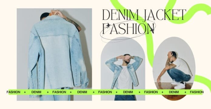A fashion collage featuring three images of a man wearing denim jackets against a pastel background. The man appears in different poses: one with his back facing the camera, one with his hands on his head, and one squatting. The text 
