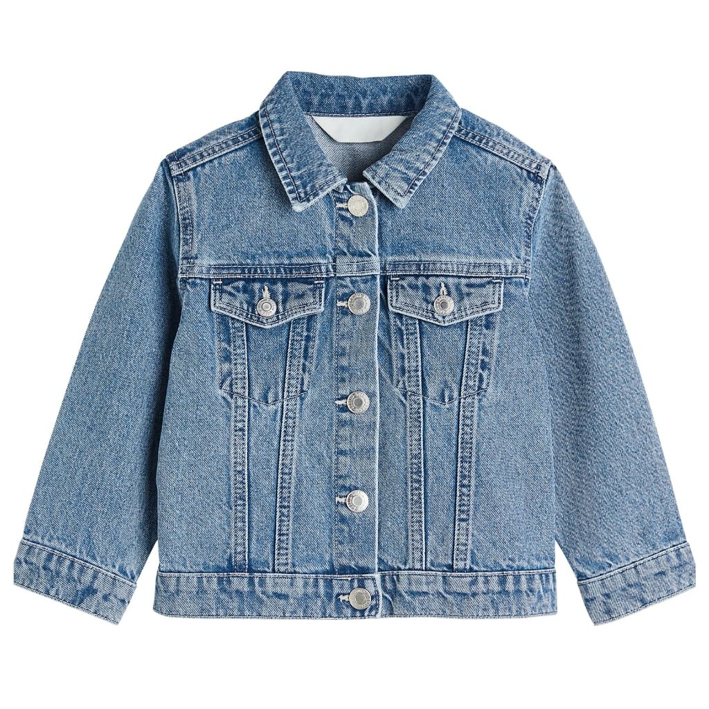 A classic blue denim jacket with a button-up front, chest pockets, and rolled-up sleeves.

