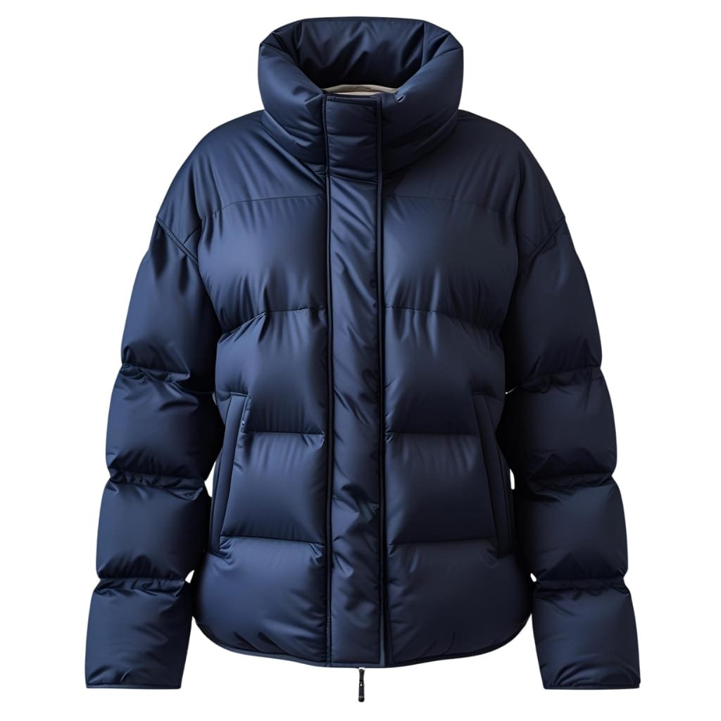 A shiny, navy blue puffer down jacket with a high collar and front zipper.


