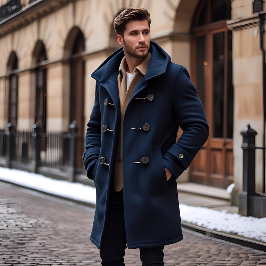 A stylish man standing outdoors on a cobblestone street, wearing a navy duffle coat with the hood up, with a historic building in the background.

