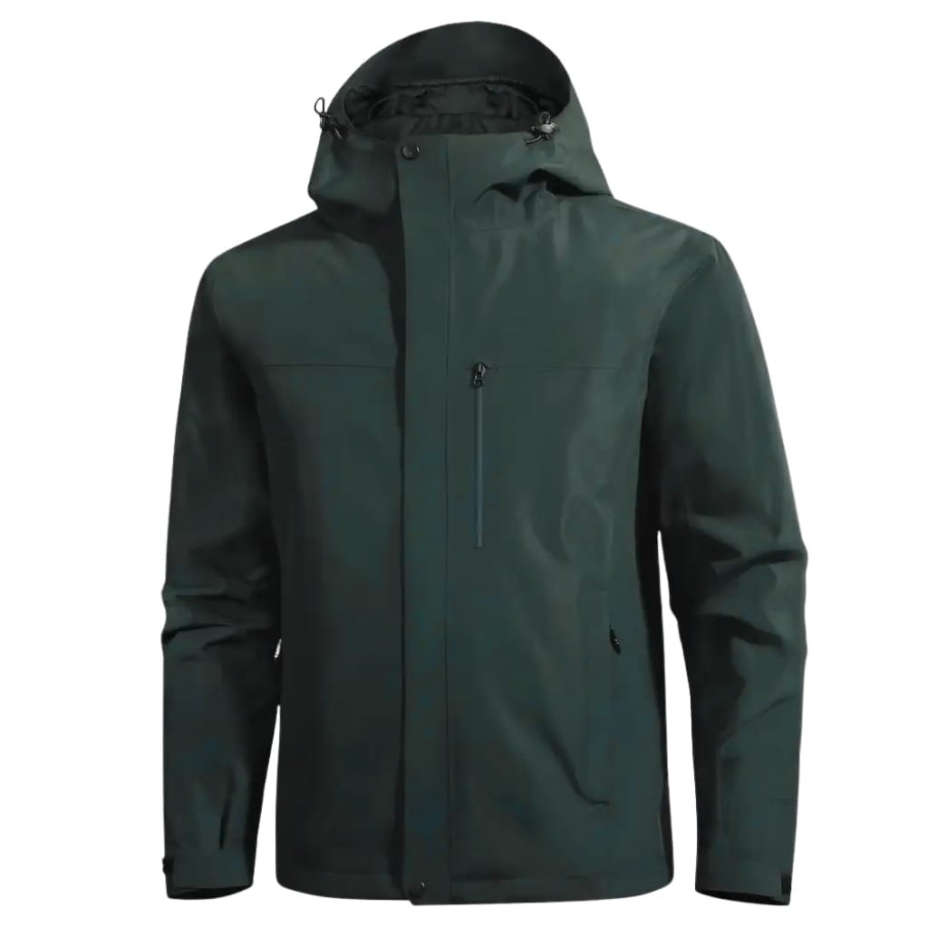 A dark green waterproof windbreaker jacket with a hood, front zipper closure, and zippered pockets, designed for outdoor use.

