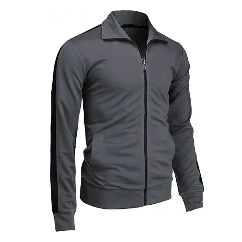 Men's dark gray softshell jacket with a full front zipper and black accents on the sleeves and shoulders.

