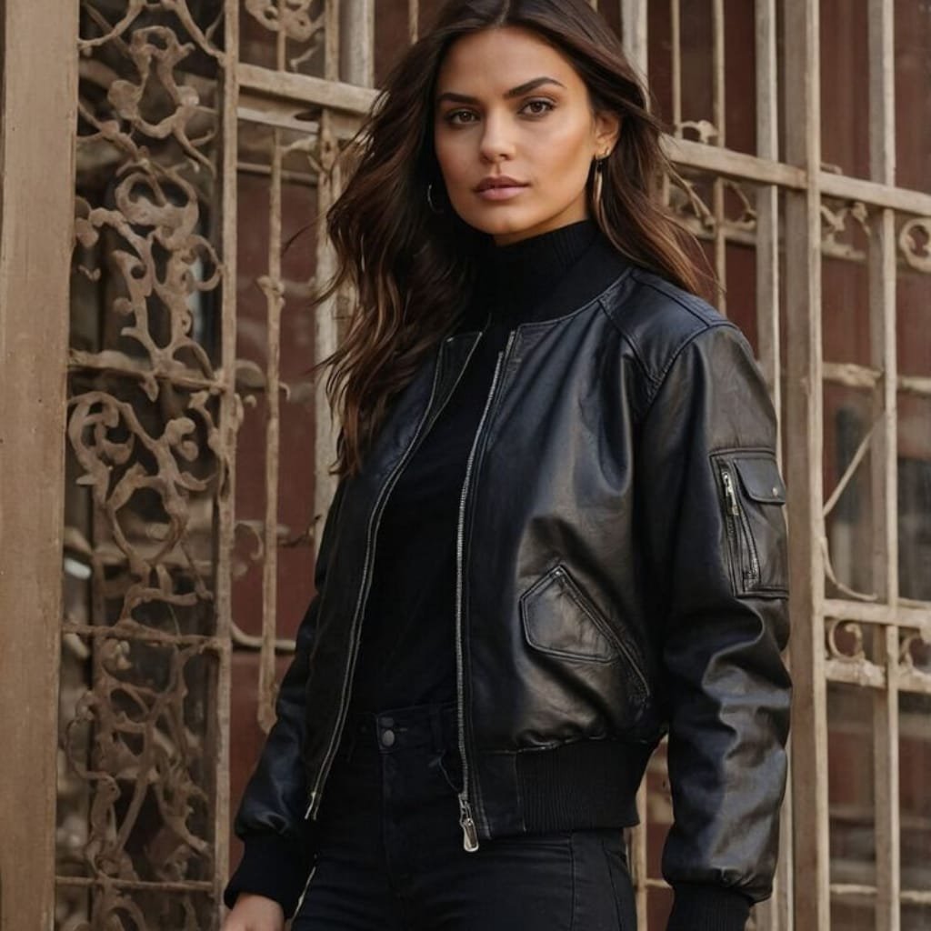 A woman with wavy hair wearing a black leather bomber jacket, standing outdoors against a decorative wrought iron fence and brick wall.

