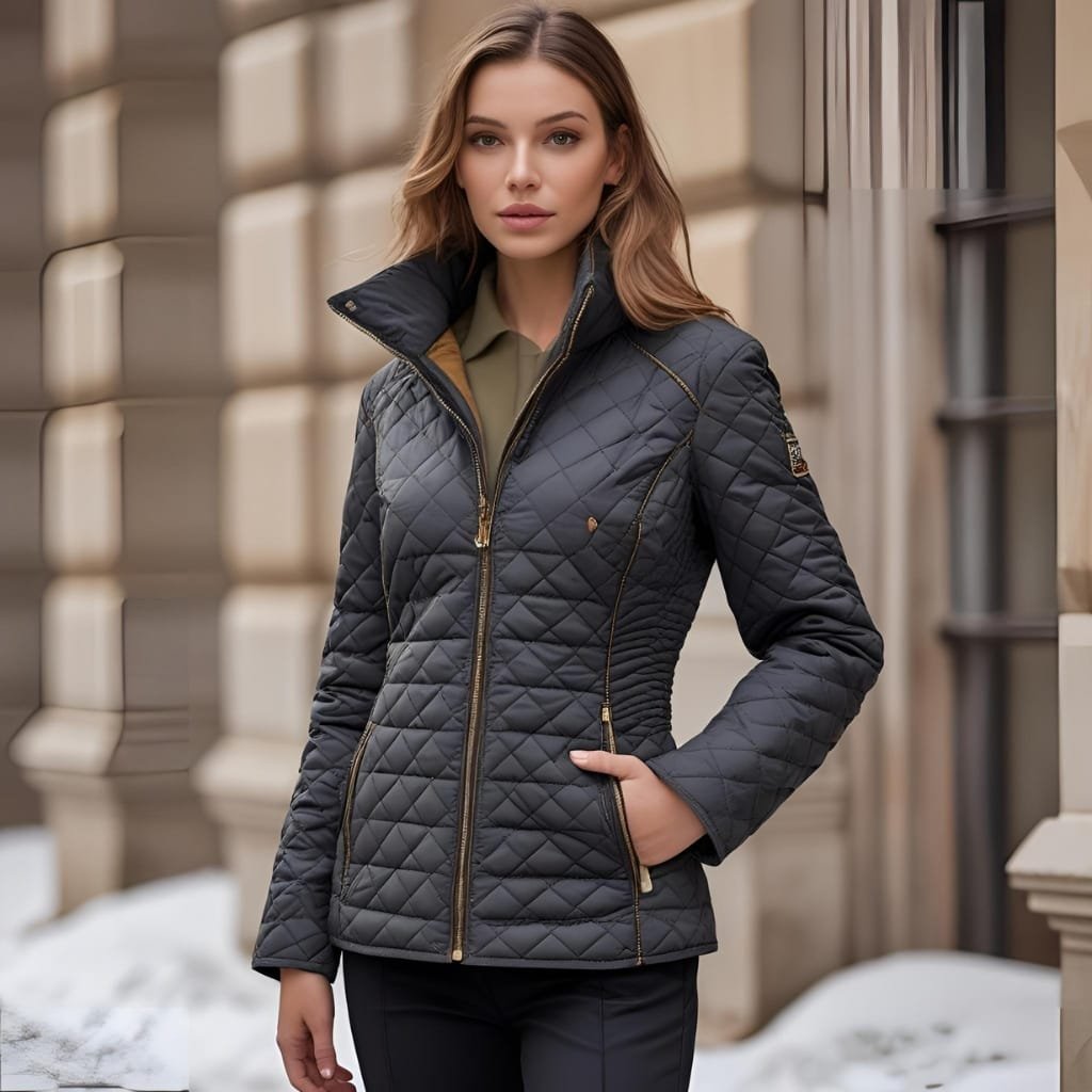 A young woman standing outdoors in winter, wearing a sleek, dark quilted jacket with a high collar, with snow on the ground and a building in the background.


