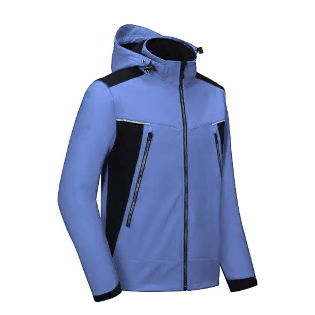 Men’s blue and black softshell jacket with a hood, standing against a white background.

