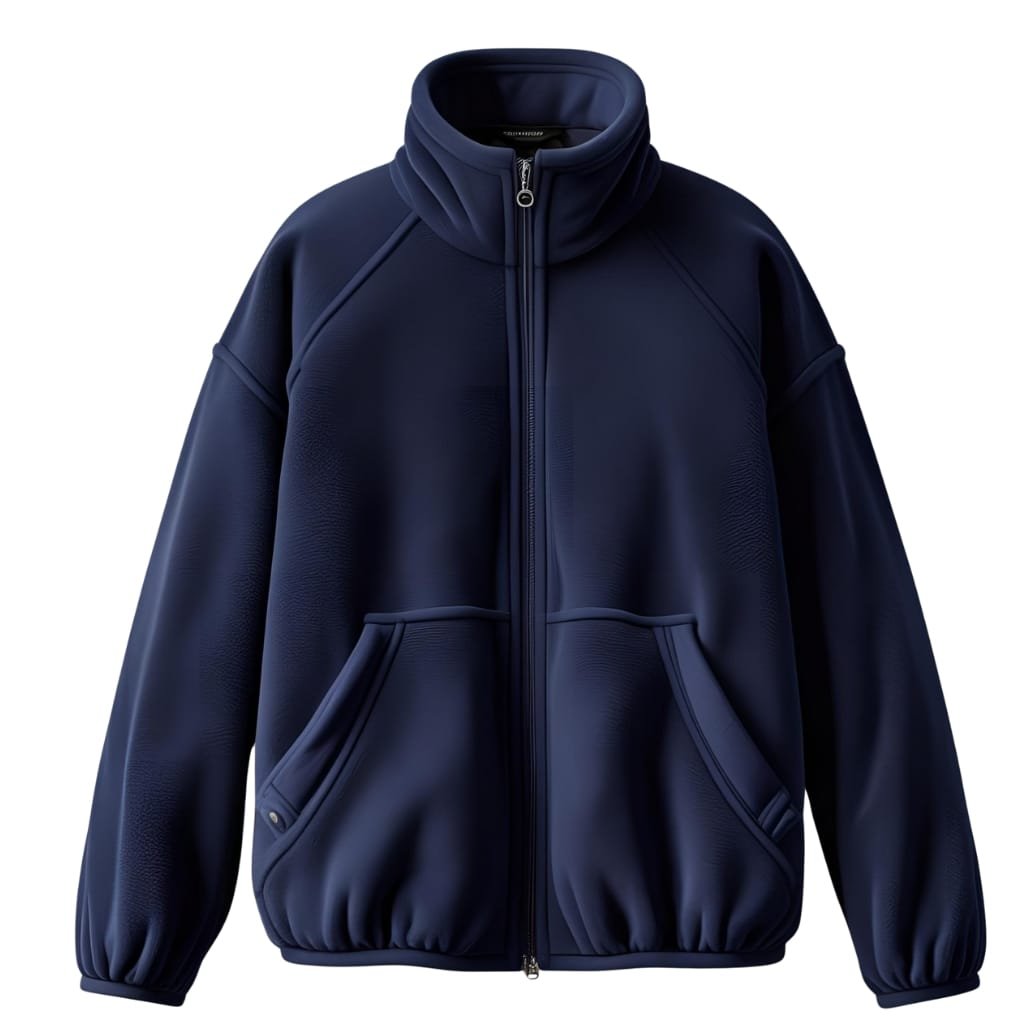 A navy blue fleece jacket with a high collar, front zipper, and two side pockets.

